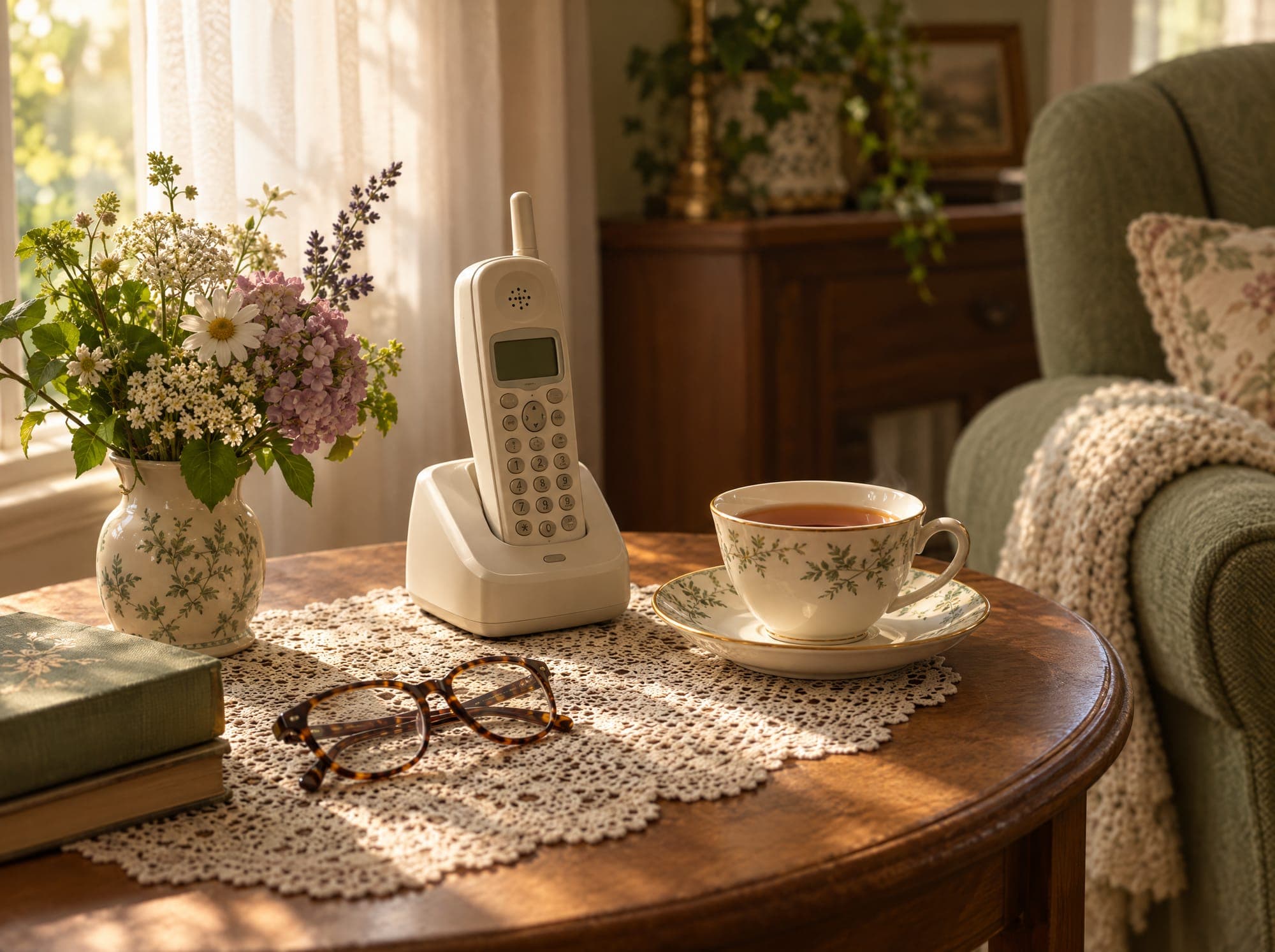 A cordless landline phone beside a cup of tea and reading glasses