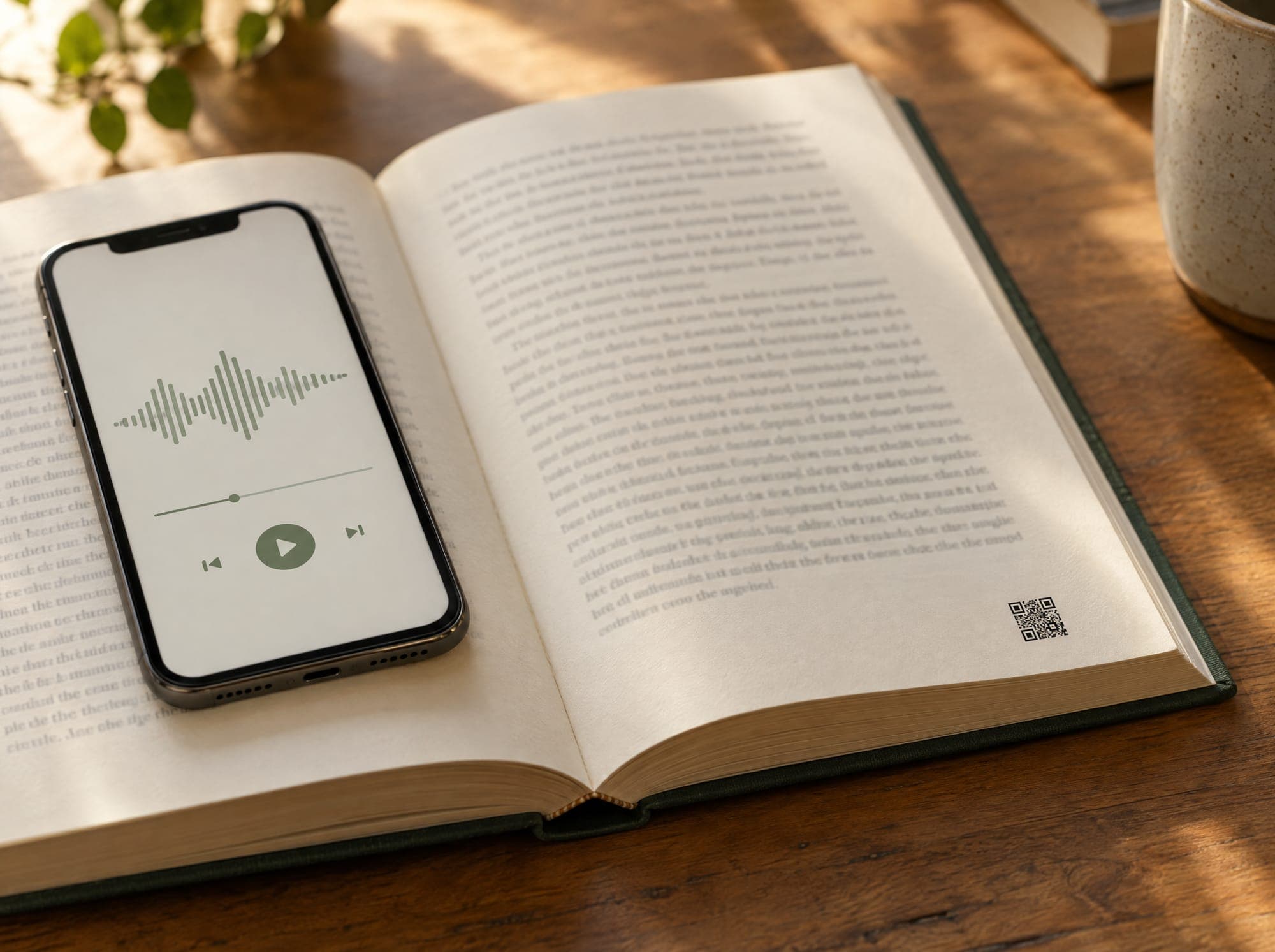 An open book with a QR code in the margin and a phone playing the recording