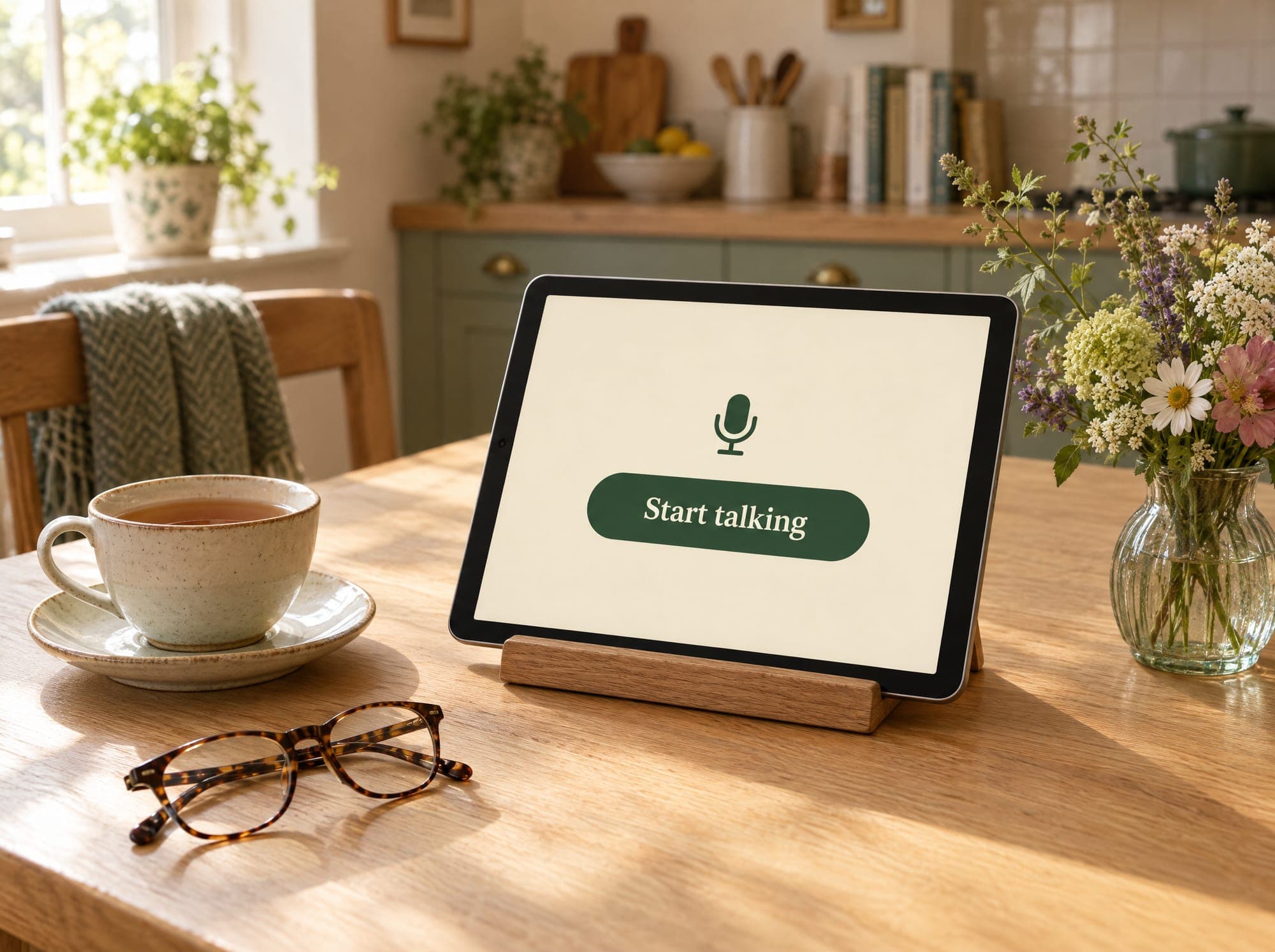 A tablet on a kitchen table showing one green Start talking button