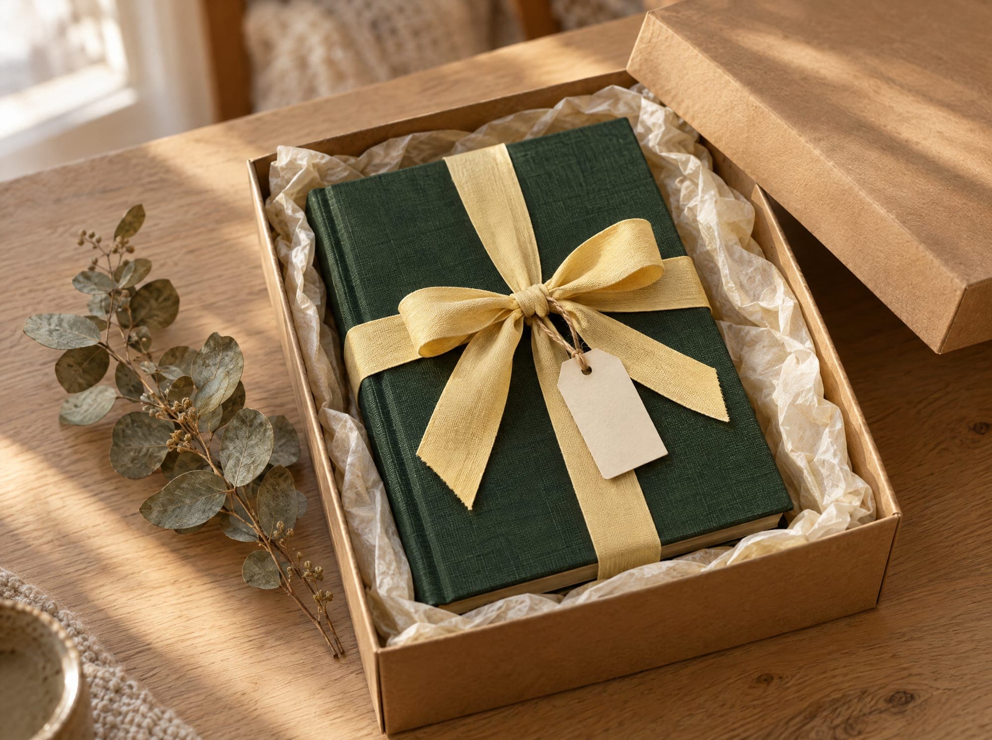 A green linen book in a kraft gift box tied with a butter-yellow ribbon